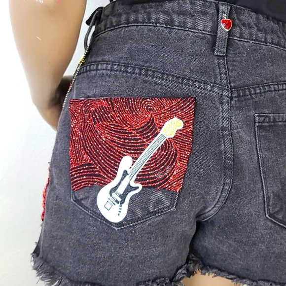 Shorts Size Small Black Denim Gray Red Embellished Upcycled Unique Handmade Fun - Picture 8 of 11